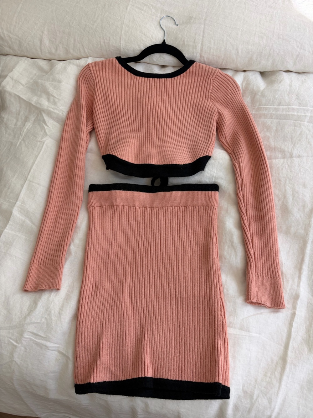Lulu's Pink Ribbed Off-the-Shoulder Sweater Set with Black Trim